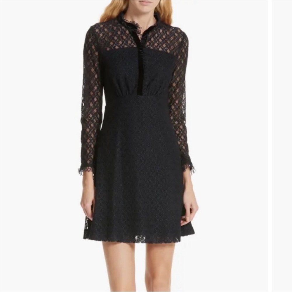 Sandro Paris Vegetale Lace Velvet Trim Dress